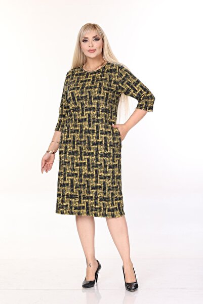 modayız Double Pocket Patterned Stretchy Winter Plus Size Midi Dress 45C-2704