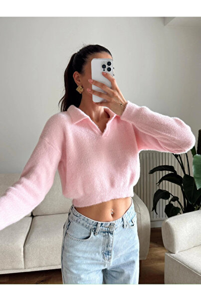 Zoom Butik Sakallı Polo Yaka Crop - PEMBE