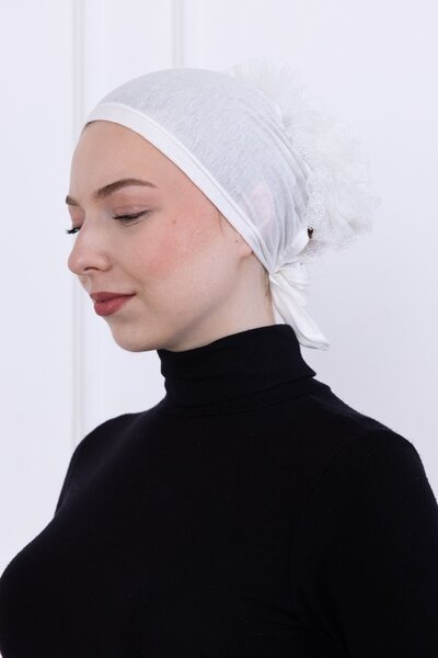 Loggia Ruffled Front Stitched Combed Cotton Bonnet - Women's Hijab Tie-On Bun Inner Bonnet-White