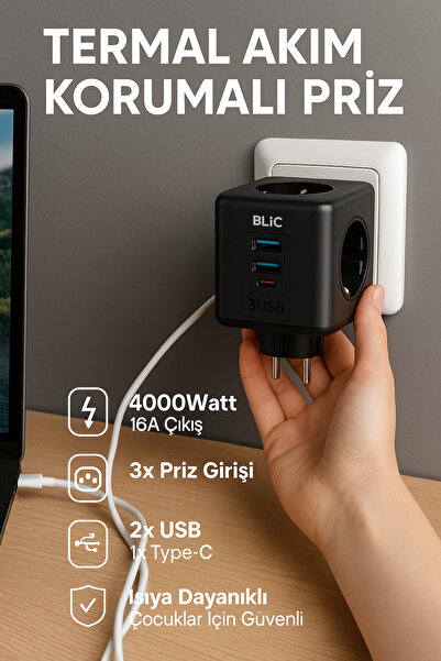 CROW'S TECH Termal Akım Korumalı Priz 4000Watt-16A Çıkış 3XPriz-2XUSb-1XType-c Isıya Dayanıklı Çocuk Kilidi Priz