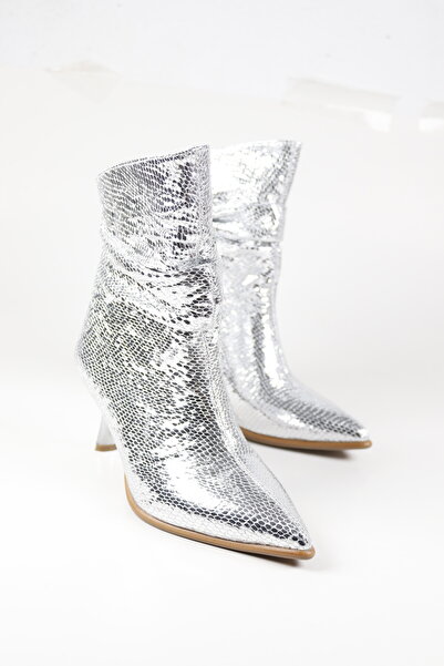 NiceDiffer Kadın İnce Topuklu Gümüş Yılan Derisi Sivri Burunlu Bot
