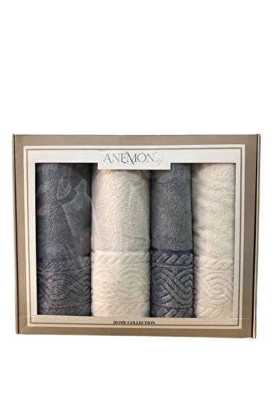 ROYAM Anemon 100% Cotton Gray Cream 4 Piece Bath Towel Set with Dowry Box