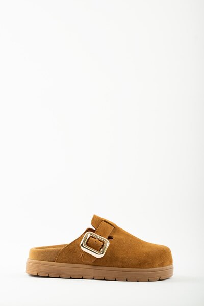 selinshoes Melby Genuine Leather Adjustable Buckle Detailed Women's Slippers - Taba Suede