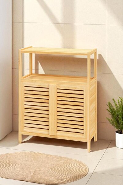 Digithome منظم حمام من الخيزران بغطاء مزدوج ورفين، خزانة أفقية DB-0038-HYT2