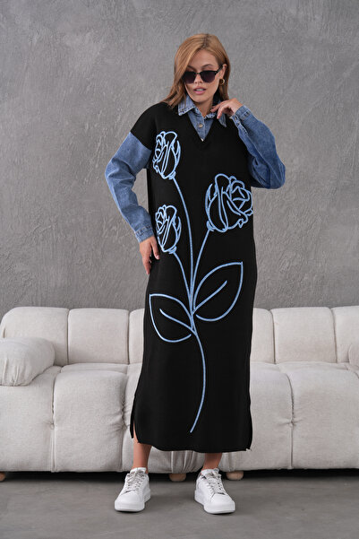 Miss Allos فستان نسائي طويل من التريكو بأكمام جينز مطرزة بالخرز من الأمام وقص...