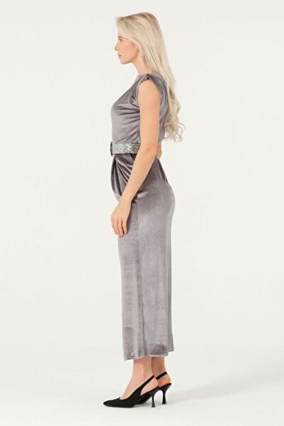 369 etnik butik Velvet Belted Slit Detailed Long Evening Dress
