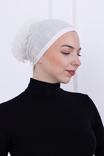Loggia Ruffled Front Stitched Combed Cotton Bonnet - Women's Hijab Tie-On Bun Inner Bonnet-White