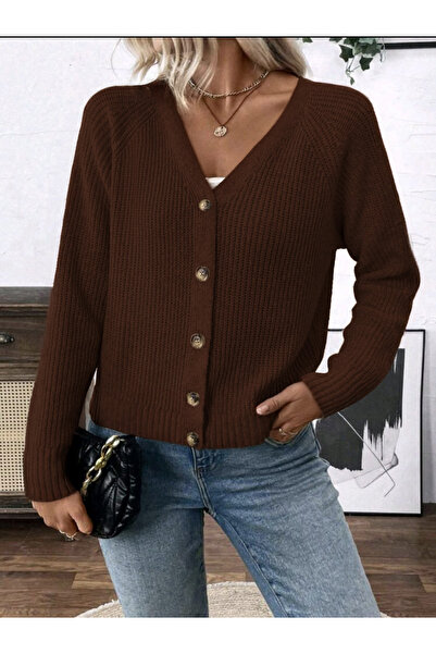 Bracha Long Sleeve Woven Detailed V-Neck Buttoned Model Knitwear Cardigan