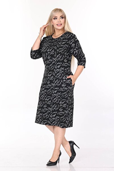 modayız Double Pocket Patterned Stretchy Winter Plus Size Midi Dress 38E-2706