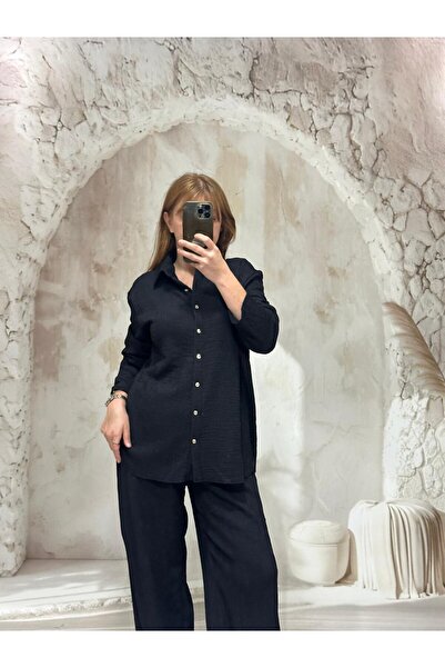 Pulli Collection Siyah Düğmeli Oversize Gömlek & Palazzo Pantolon Takım