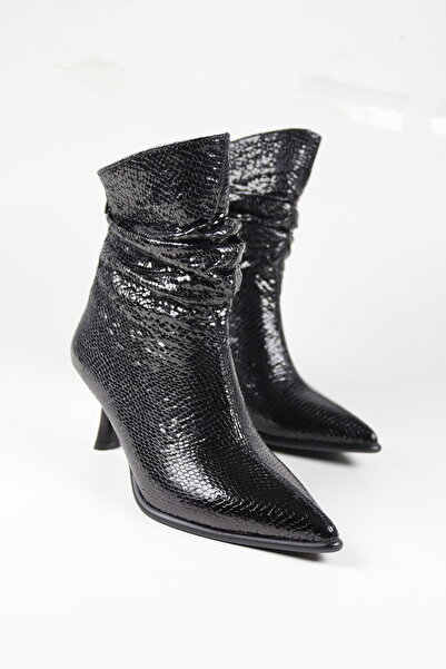 NiceDiffer Kadın İnce Topuklu Siyah Yılan Derisi Sivri Burunlu Bot