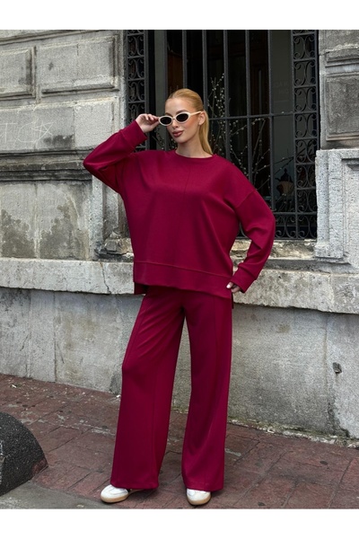 Buklemoda Modal Fabric Burgundy Oversize Sweat Double Set
