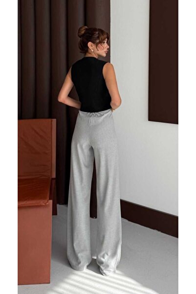 mor butik Women's Light Gray Palazzo Oversized Relaxed Cut Trousers Negy01001