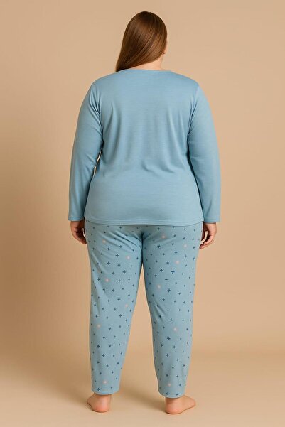 Pemilo Women's 05108 Large Size 100% Cotton Report Interlock Pajama Set Blue
