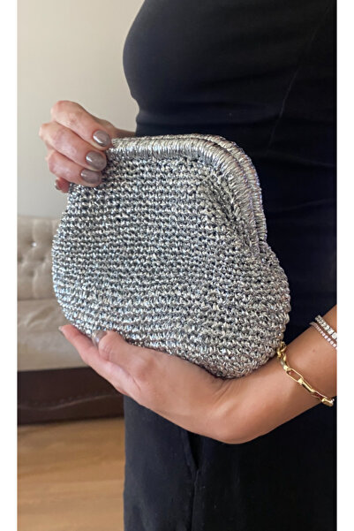 PeriStore Gümüş Gece Çantası El Örmesi Mini boy 20x18 cm