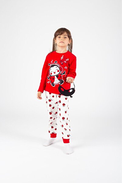 Esterella Girls' Masked Combed Cotton Children's Pajama Set / Red Pajama Set / Seasonal Children's Pajama Set