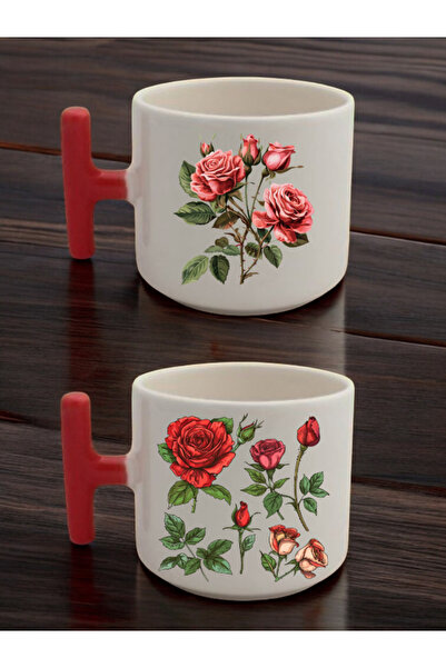 lili hediyelik Rose Theme Printed Set of 2 Latte Cups Ceramic Mug - Ceramic T...
