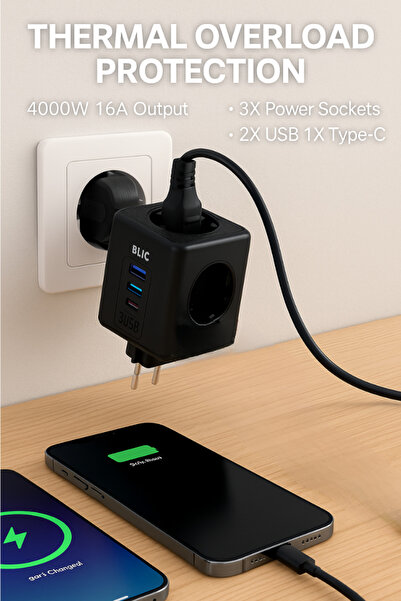 CROW'S TECH Termal Akım Korumalı Priz 4000Watt-16A Çıkış 3XPriz-2XUSb-1XType-c Isıya Dayanıklı Çocuk Kilidi Priz