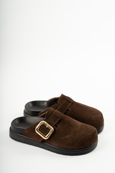 selinshoes Melby Genuine Leather Adjustable Buckle Detailed Women's Slippers - Brown Suede