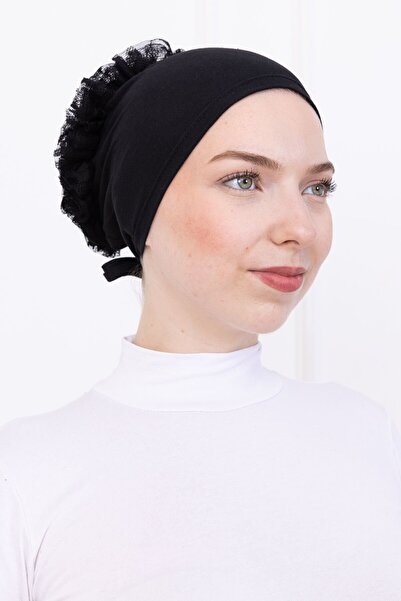 Loggia Ruffled Front Stitched Combed Cotton Bonnet - Women's Hijab Tie-On Bun Inner Bonnet - Black