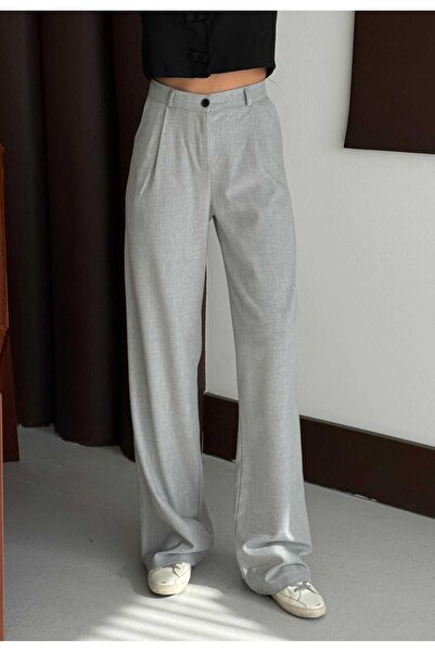 mor butik Women's Light Gray Palazzo Oversized Relaxed Cut Trousers Negy01001