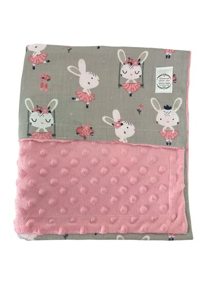ATELIER ALEDA Patura pentru bebelusi, imprimeu balerina iepuras, bumbac/minky, Atelier Aleda, 75x95 cm