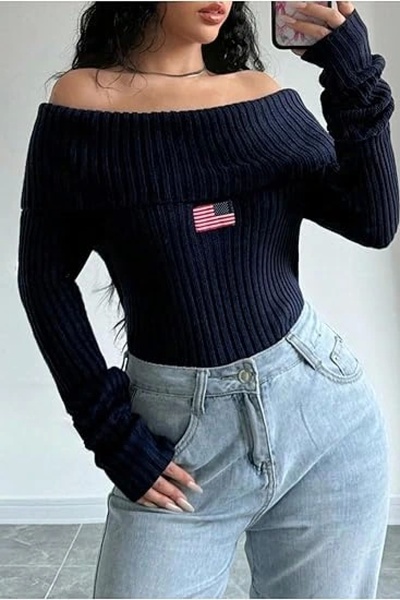 VibeGaia Navy Blue Boat Neck Long Sleeve, Relaxed Fit Off-The-Shoulder Women's Crop Sweater