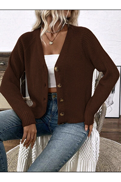 Bracha Long Sleeve Woven Detailed V-Neck Buttoned Model Knitwear Cardigan