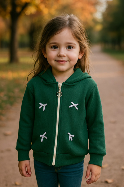 Yalçınoğlu Kids Детска суитшърт с качулка и цип, с панделка, мека и удобна, за училище, детска градина