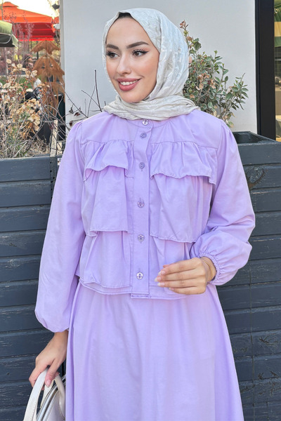 Tesettür Diyarı Kadın Fırfırlı Gömlekli Alt- Üst Mevce Tesettür Takım