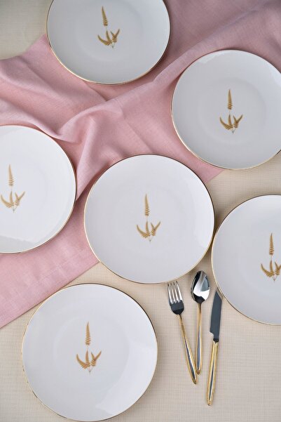 tabakevi Tabak Evi Porcelain Natura Marinum Gold Gilded Cake Plate 20.50cm Set of 6