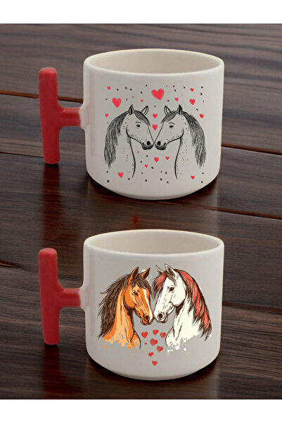 lili hediyelik طقم من كوبين للاتيه مطبوع عليه تصميم حصان وقلب - أكواب سيراميك...