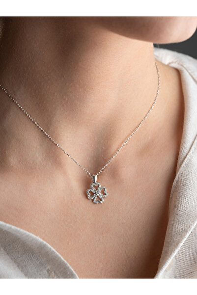 Two Arts Jewelry Zirkon Taşlı Dört Yapraklı Yonca Kolyesi | 925 Ayar Gümüş / 14K Altın Kaplama / Bronz Seçenekli