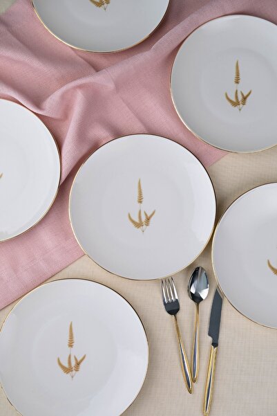 tabakevi Tabak Evi Porcelain Natura Marinum Gold Gilded Cake Plate 20.50cm Set of 6