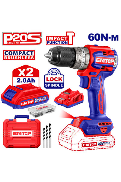 EMTOP Mașină de găurit cu impact cu 2 baterii, 60Nm, motor fără perii, compactă - ECiDL20602,