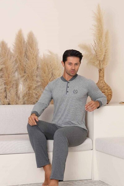 bie's Men's Gray 3 Button Striped Pattern 100% Cotton Long Cuff Sleeve Pajama Set with Pockets