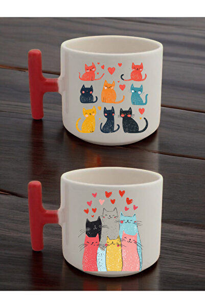 lili hediyelik Heart Cat Image Printed 2-Piece Latte Cup Ceramic Mug - Cerami...