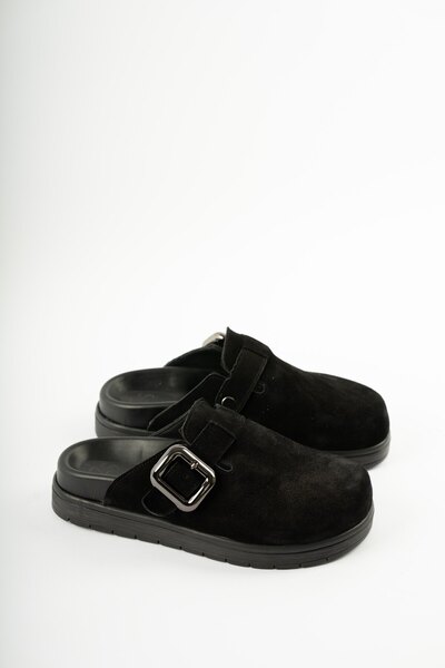 selinshoes Melby Genuine Leather Adjustable Buckle Detailed Women's Slippers - Black Suede