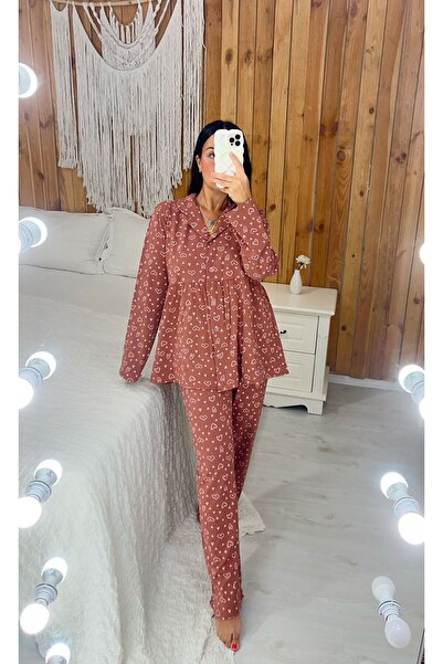 Pijamapartisi Long Sleeve Bronze Brown Color with Light Pink Hearts Printed Maternity Pajama Set