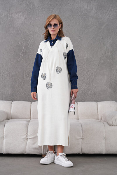 Miss Allos Women's Sleeves Denim Front Beading Wide Fit Long Knitwear Dress