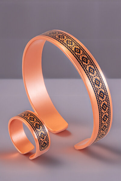 OSMANLI GÜMÜŞ Women's Copper Bracelet Ring Set - Anna Model Special Edition Metal Box and Quartz Stone