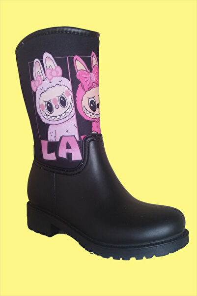 Sea&Blue Labubu Arkadaşlarıyla Baskılı Su Geçirmeyen Siyah Kız Çocuk Yağmur Çizmesi