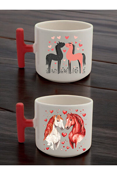 lili hediyelik Heart Horse Printed Set of 2 Latte Cups Ceramic Mug - Ceramic ...