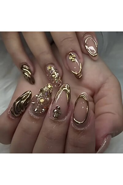 PİRAYE AKSESUAR 24'lü Gold Kabartma ve Parlak Taş Charm Detaylı Uzun Badem Ta...