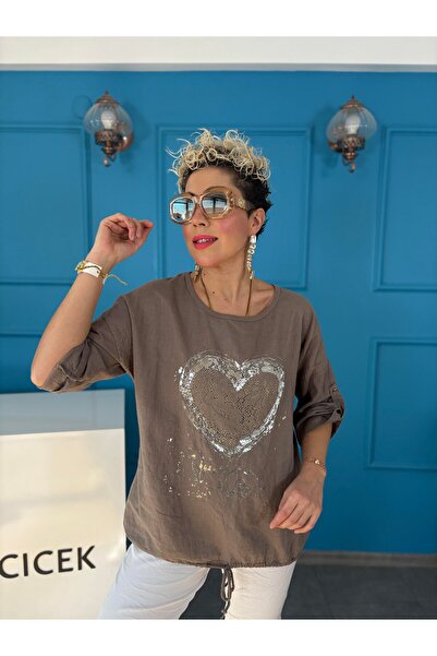 Butik Ayseba بلوزة كتان إيطالية مزينة بتفاصيل قلب من الدانتيل