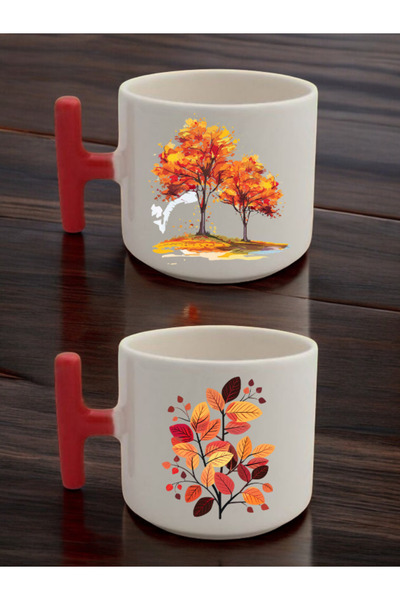 lili hediyelik طقم من كوبين سيراميك مطبوع عليه تصميم الخريف - أكواب سيراميك ل...