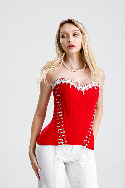 CHAROS Kırmızı Jakar Kumaşından Beyaz Bağcıklı Şık Korse