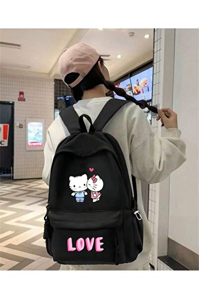 DEEFWEAR Black Hello Kitty Love Couple Printed Course, Tutoring, Study School Backpack