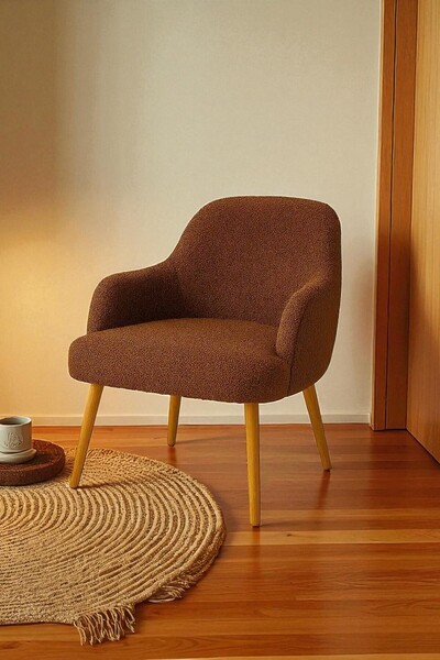 WoodyMaison Morina Peluş Kumaş Sırtlı Puf Sandalye – Ahşap Ayaklı, Makyaj Masası ve Salon İçin