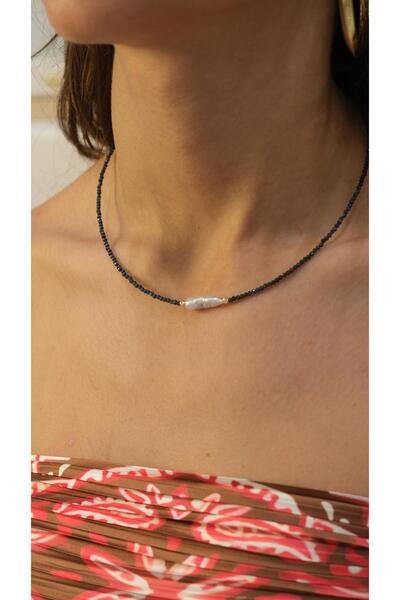 Jerie Barok İnci Detaylı Antrasit Kristal Kum Boncuk Kolye